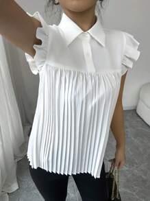 Selianne 优雅休闲法式结袖前后褶皱白色衬衫 - 白色 - 查看 3