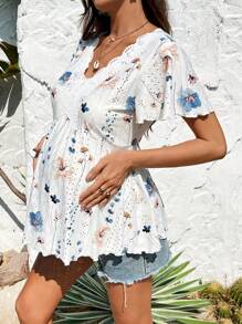 SHEIN Maternity Floral Print Contrast Lace Ruffle Hem Short Sleeve T-Shirt, Suitable For Vacation - White - View 4