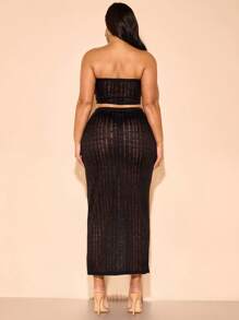 SHEIN BAE Plus Size Women's Sexy Elegant Casual Beach Sheer Black Tube Top And Hollow Out Knit Skirt 2 Pieces Set, Spring/Summer