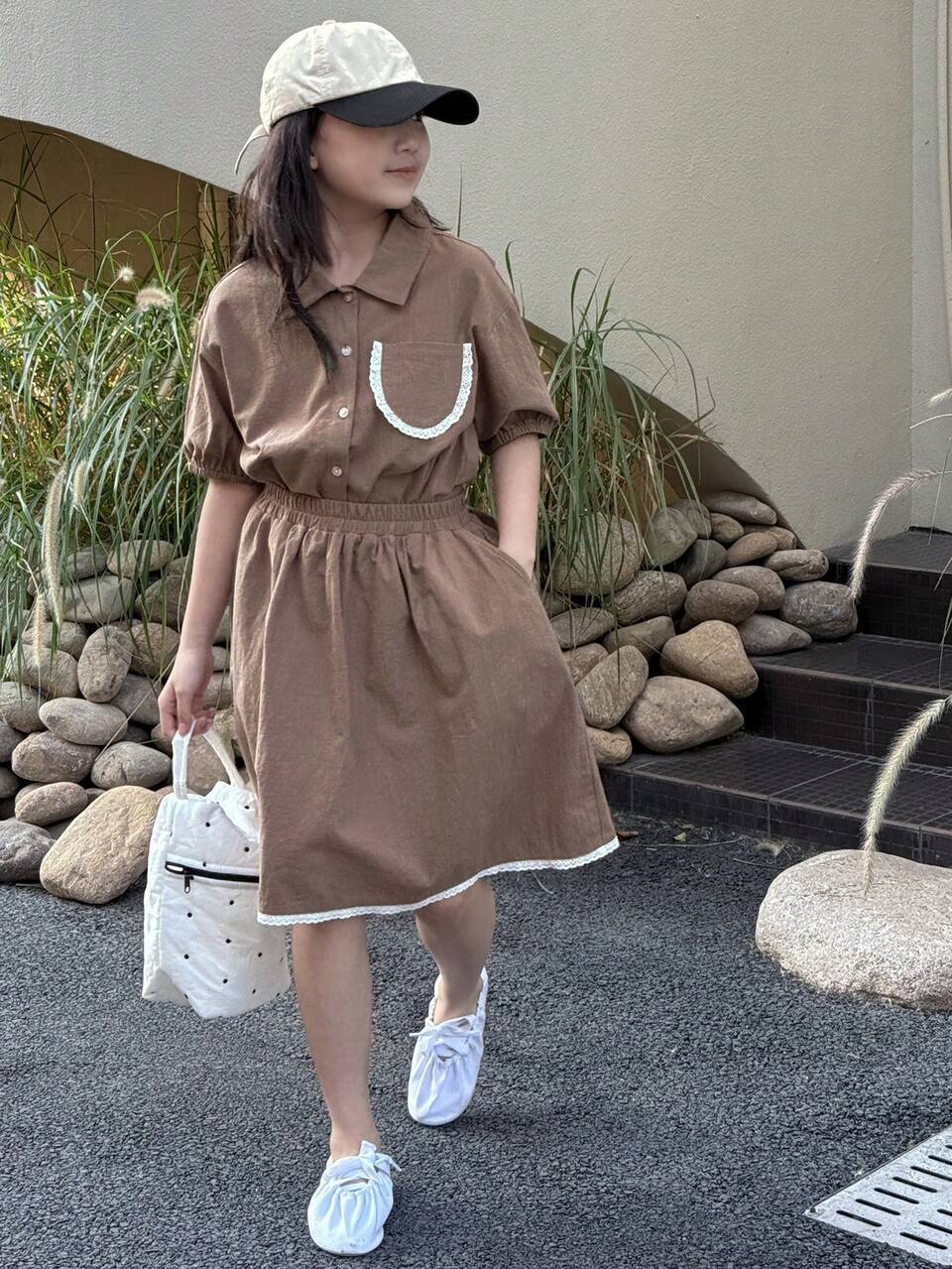 Tween Girl Plain Color Short Sleeve Top & Skirt 2 Pieces Set