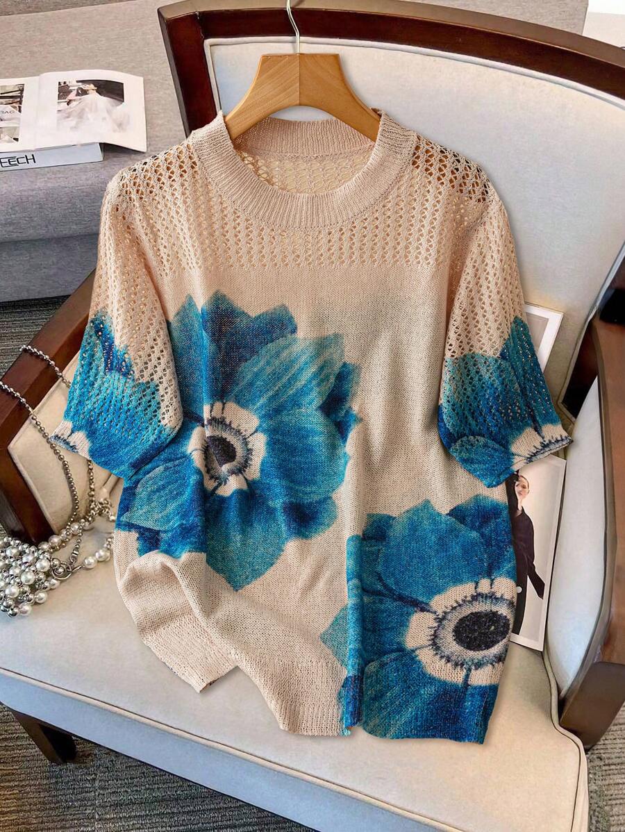 EMERY ROSE New Style Spring Casual Loose Retro Artistic Printed Round Neck Lightweight Silky Women Sweater - Apricot - View 1