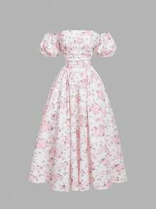 SHEIN MOD 女士露肩花卉印花泡泡袖长裙，浪漫粉色 - 彩色 - 查看 1