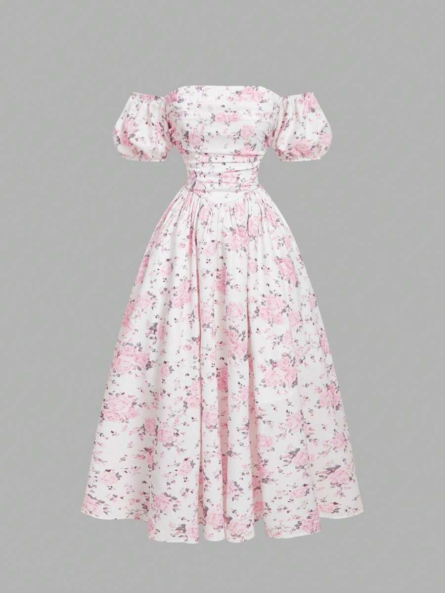 SHEIN MOD 女士露肩花卉印花泡泡袖长裙，浪漫粉色 - 彩色 - 查看 1