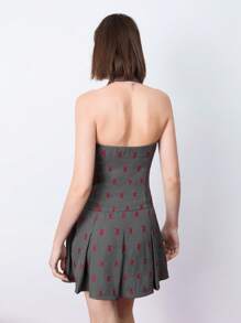 Maija 女士灰色早春 V 领前扣红色蝴蝶结刺绣面料吊带下摆褶皱二合一时尚百搭优雅日常鸡尾酒会连衣裙，适合情人节派对节日 - 灰色 - 查看 7