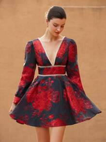 Aveloria Rosie Váy chữ A tay bồng cổ chữ V xếp nếp họa tiết hoa jacquard màu tương phản thanh lịch dành cho nữ - Màu xanh hải quân - Xem 5