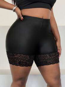 Maweii Leggings casuales y delgados con aplicaciones de encaje en el dobladillo, talla grande - Negro - Ver 3