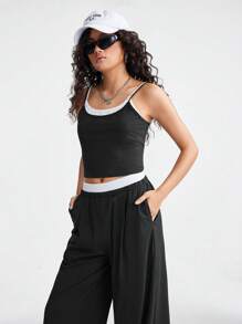 SHEIN 2pcs/Set Teen Girls Summer Casual Sporty Contrast Color Cropped Camisole And Wide Leg Pants - Black and White - View 4
