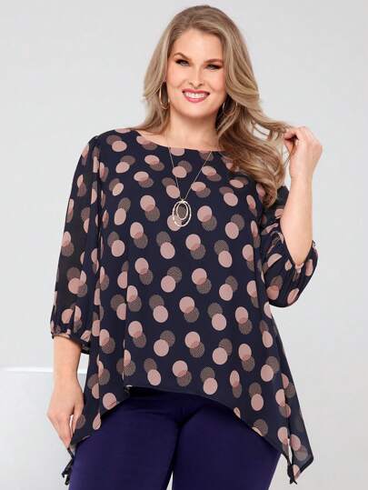 EMERY ROSE Plus Size Women's Polka Dot Print Round Neck 3/4 Sleeve Casual Shirt