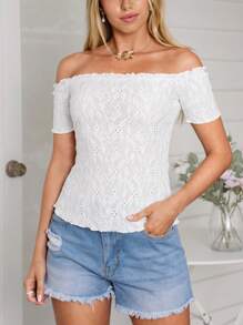 SHEIN VCAY Camiseta de manga corta texturizada, de hombros descubiertos, ajustada y acanalada para vacaciones casuales