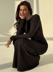 Aloruh 女士性感蝴蝶结网眼拼布鱼尾连衣裙 - 黑色 - 查看 6