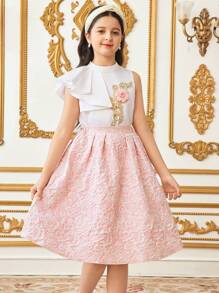 青少年女孩度假风格圆领无袖上衣和提花面料短裙两件套 - 粉色 - 查看 1