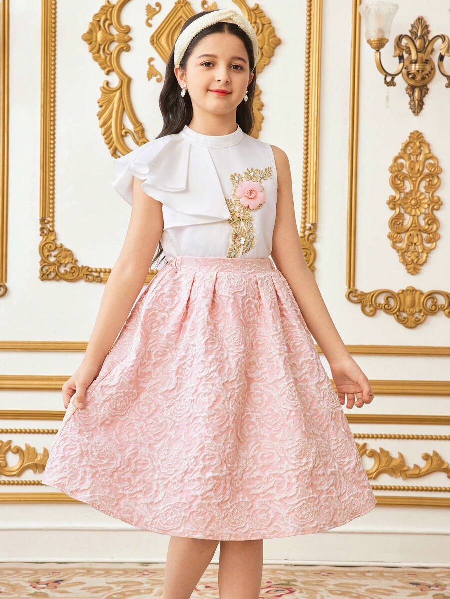 青少年女孩度假风格圆领无袖上衣和提花面料短裙两件套 - 粉色 - 查看 1