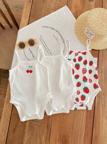 SHEIN LMoss Kids Baby Girl LMoss 3pcs/Set Casual Summer Knit Cartoon Pattern Camisole, Open Crotch Bodysuit Graphic - Multicolor - View 1