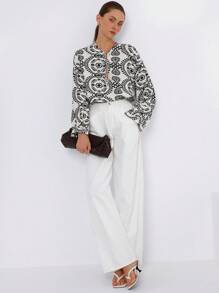 SHEIN Privé Women's Faux Embroidery Random Print Casual Vacation Versatile Retro Luxury Elegant V-Neck Long Sleeve Blouse Fall Cloth For Women