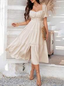 Breezaya Vacation Minimalist Square Neck Ruched Waist Single-Breasted Mid-Length Dress - Apricot - View 1