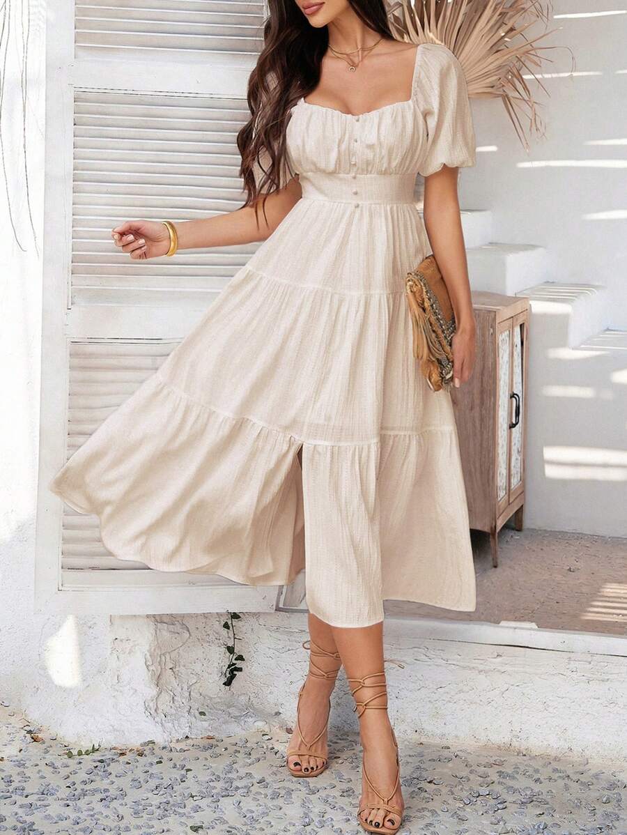 Breezaya Vacation Minimalist Square Neck Ruched Waist Single-Breasted Mid-Length Dress - Apricot - View 1