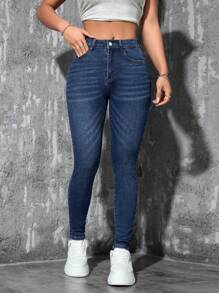 SHEIN PETITE Vaqueros vaqueros casuales de mujer de corte slim con lavado