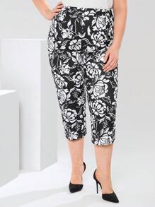 EMERY ROSE Plus Size All-Over Flower Print Casual  Elegant Pants, Summer Clothes Spring Outfits For Women Mature Elegant Woman