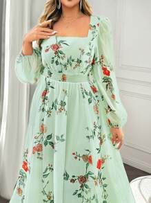 SHEIN Clasi Plus Size Elegant Rose Print Chiffon Waist Pleated Lantern Sleeve Dress, Suitable For Spring And Autumn,Valentine - Green - View 7