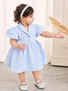 SHEIN Leap Crew Baby Girl Summer Cute Textured Blue Short Sleeve Collared Dress, Formal - Baby Blue - View 4