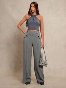 Glamine Áo crop top cổ yếm không tay màu trơn cho nữ - Xám - Xem 3