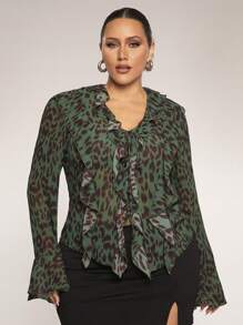 SHEIN BAE 大码女式豹纹荷叶边雪纺长袖衬衫，适合日常穿着、夜间外出、约会、派对、下午茶、音乐会