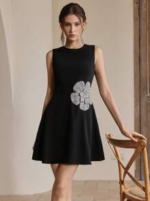 Anewsta Ladies' Woven Socialite Heavy Craftsmanship Hot Stamping Three-Dimensional Flower Elegant Sleeveless Black Jumpsuit Summer, Festival, Graduation Outfit - Black - View 3