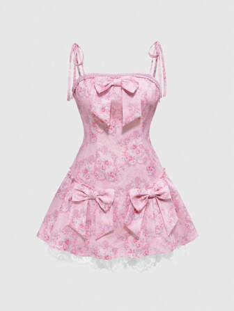 Kawaii Vintage Blumen & Schleife Verzierung gerafftes Mini-Kleid für Damen, Harajuku Stil