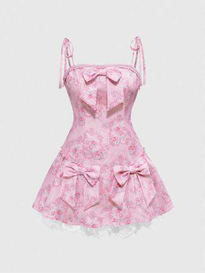 Kawaii Vestido mini con pliegues y decoración de flores y lazos vintage dulce para mujeres, estilo Harajuku