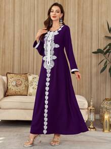 Al Najma Elegant Embroidered Rope Panel & Luxurious Purple Splice Glamorous Ladies Dress Kaftan Jalabiya Dress - Purple - View 1