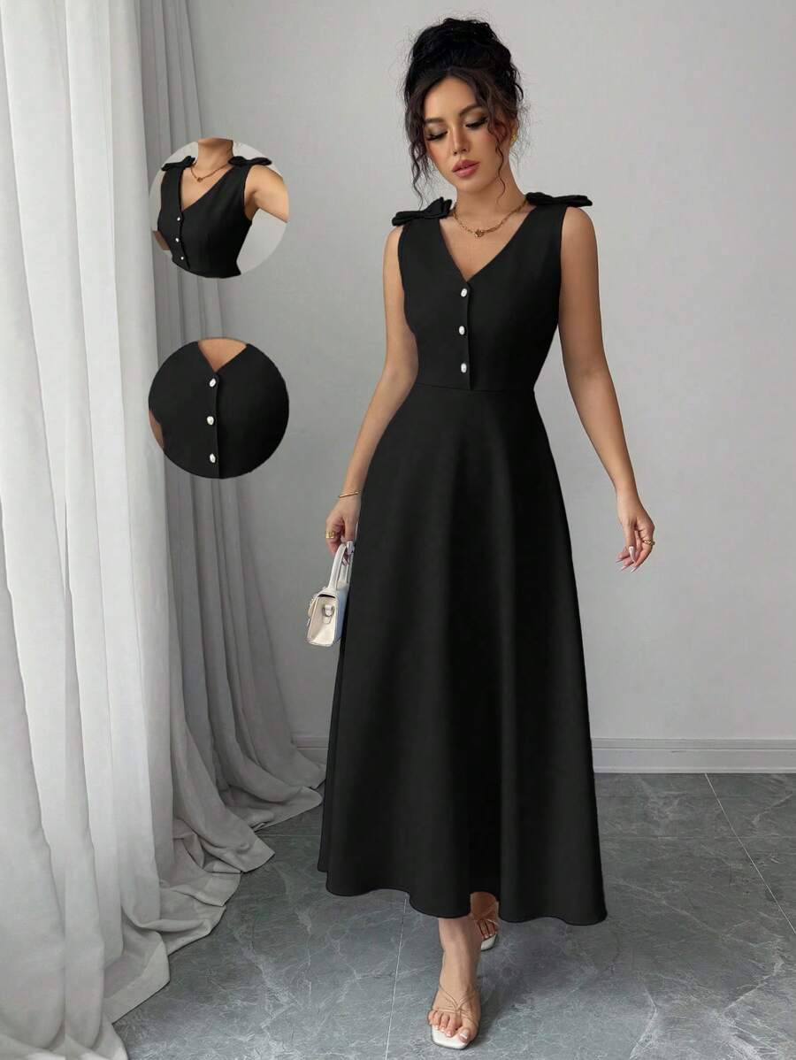 Elenzga Women's Blue Sleeveless Bowknot Buttoned Waist Midi Dress