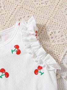 SHEIN Explorewe 2pcs Tween Girl Crew Neck Ruffled Sleeve Cherry Print Tank Top And Elastic Waist Embroidered Distressed Denim Shorts Set, Spring/Summer,Holiday,Summer,Travel - Multicolor - View 4