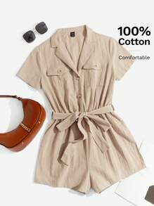 SHEIN EZwear Flap Pocket Belted Shirt Romper
