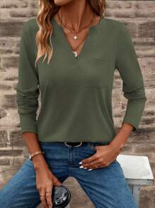 EMERY ROSE Women's Solid Color V-Neck Long Sleeve Pocket Casual T-Shirt Fall Cloth For Women - Green - View 3
