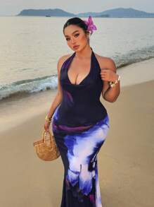 POPSWAY 加大码花卉印花露背连衣裙，适合海滩/度假