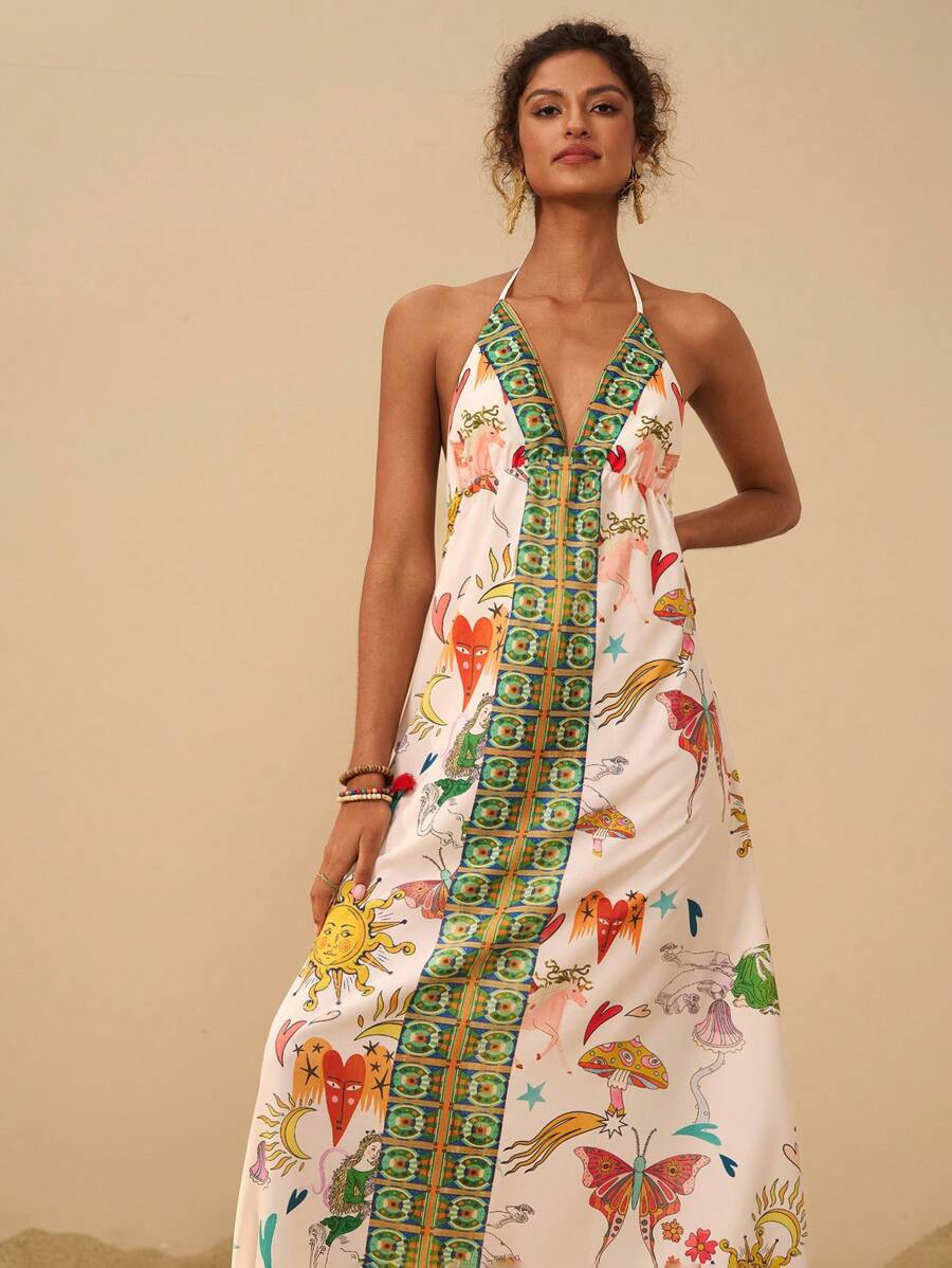 Travachic 女士度假休闲全印花 V 领露背系带飘逸连衣裙 - 彩色 - 查看 1