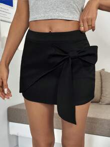 SHEIN Unity 优雅迷你短款黑色编织蝴蝶结女士半身裙 - 黑色 - 查看 5