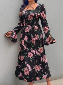 Modelyn Plus Size Woven Printed Long Sleeve Cinched Waist Midi Dress - Black - View 5