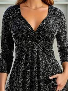 Women's V-Neck Long Sleeve Top, Minimalist Fashion Casual Everyday Wear Fall Cloth For Women - Black - View 3