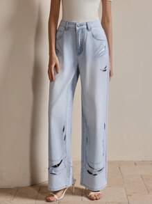 Anewsta Distressed Casual Versatile Straight Leg Jeans, Women - Light Wash - View 1