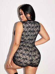 SHEIN ICON Plus Size V-Neck Lace Jumpsuit, Minimalist Fashion Casual Everyday Romper - Black - View 2