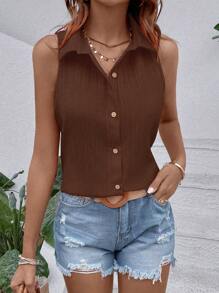 SHEIN Plain Collar Open Front Sleeveless Textured Loose Shirt - Coffee Brown - View 6