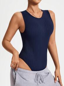 Easithlete Women Solid Color Ribbed Racerback Jumpsuit - Black - View 4