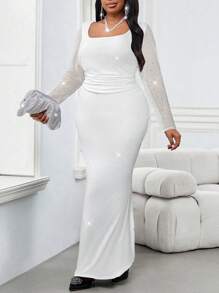 SHEIN Lady Plus Size Elegant Party Sequin Mermaid Dress - White - View 3