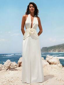 Opulessa Vestido elegante y sexy de mujer con decoración floral 3D y espalda descubierta - Albaricoque - Ver 5