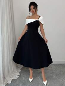 Elenzga Women's Elegant Contrast Color Splice Asymmetric Collar Dress