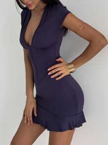 Aloruh Sexy Deep V-Neck Purple Mini Dress With Cap Sleeve, Ruffle Hem, Fitted Bodycon Mini,Business Casual Woman - Purple - View 3