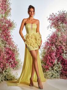 SHEIN Belle Elegant, Romantic, Sexy, Yellow, Satin, Strapless Tube Three-Dimensional Floral Dress, Back Strap Adjustment, Back Drop, Tail Wedding Guest Dress, Vacation, Wedding Event, Graduation, Date, Birthday, Prom, Cocktail Dress, Party Dress,Graduation,Graduation Dresses For Women,Back To School Dress