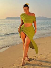 Sunnyshic Váy midi xoắn phía trước gợi cảm dệt kim nhăn nheo cỡ lớn màu xanh lá cây - màu xanh lá - Xem 1