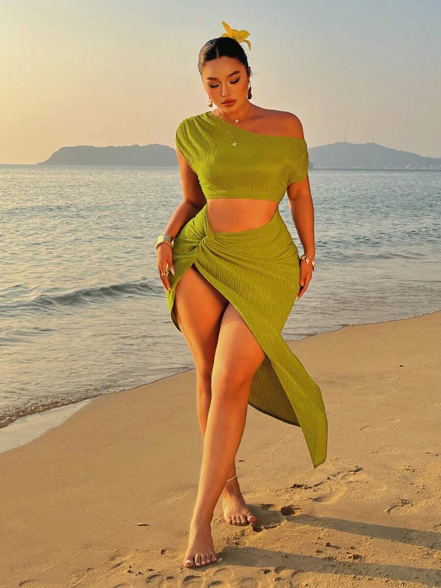 Sunnyshic Váy midi xoắn phía trước gợi cảm dệt kim nhăn nheo cỡ lớn màu xanh lá cây - màu xanh lá - Xem 1